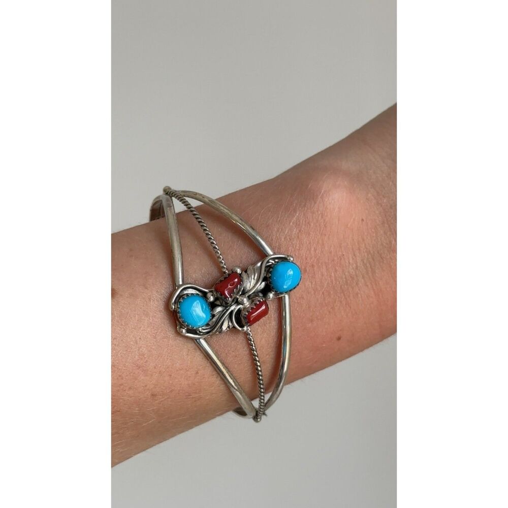 Vintage Zuni Sterling Silver Inlay Cuff Bracelet Signed